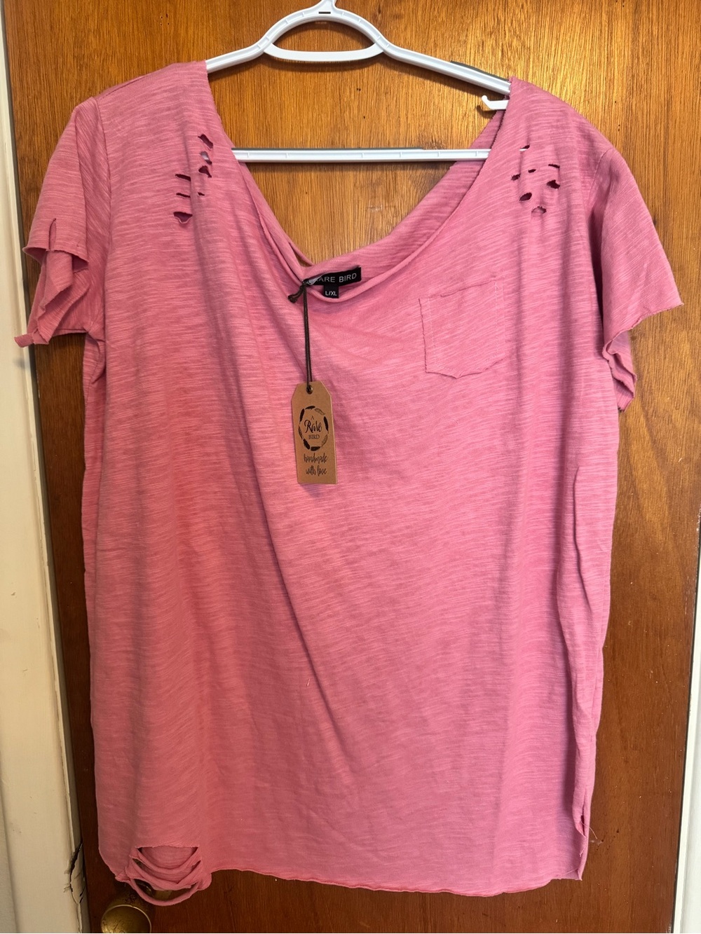 Live Bird Pink Distressed Scoop Neck Short Sleeve Tee